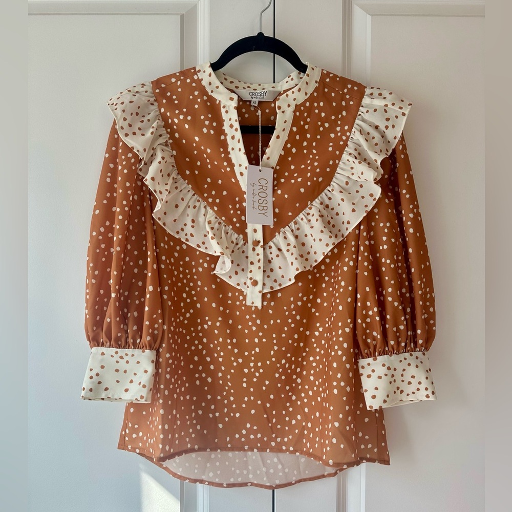 CROSBY by Mollie Burch Women’s Orange White Dot Ruffle Blouse Fall NWT Size XS